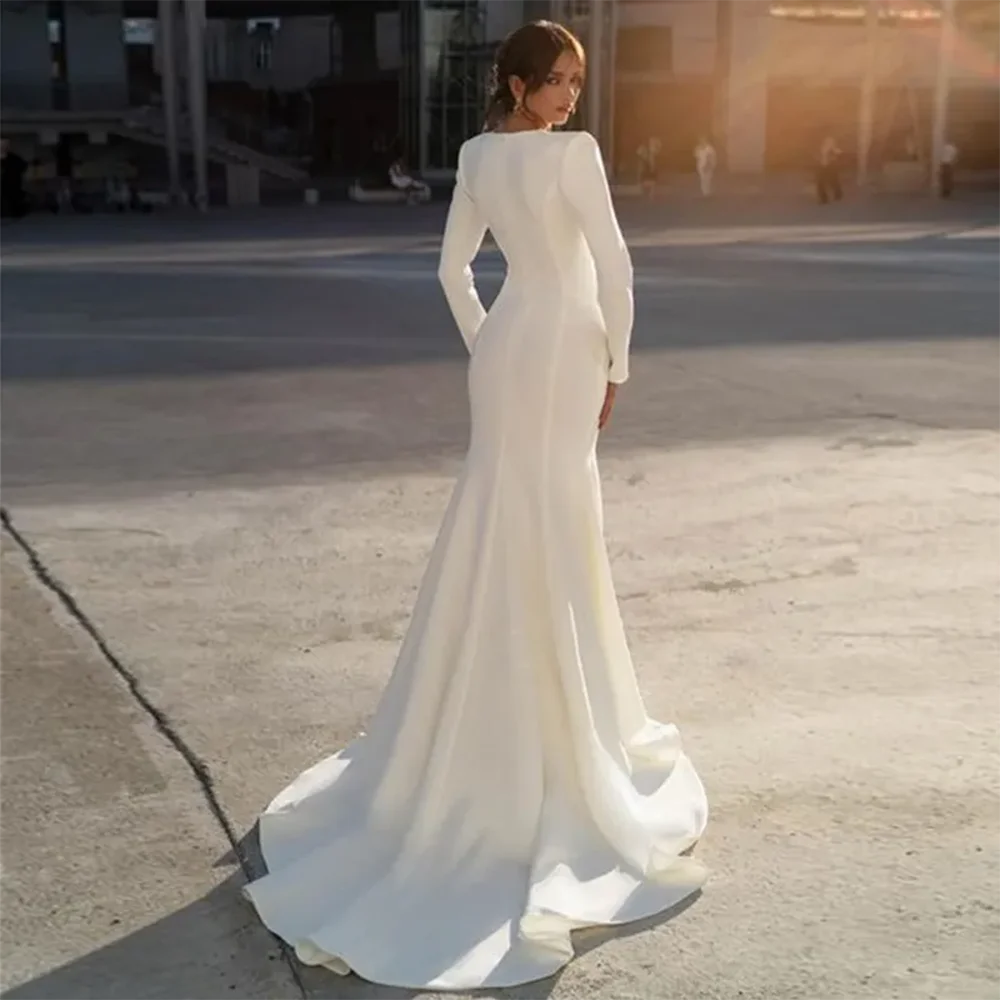 OYISHA Elegant Beaded V Neck White Mermaid Wedding Dresses Long Sleeves Satin Bridal Gown Sweep Train Beach Robe De Mariee 2023