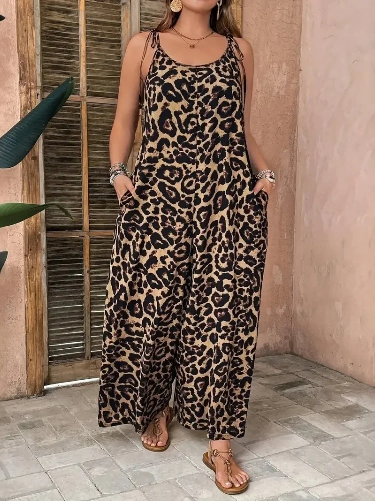 

Wmstar Large Size Jumpsuits Women Wholesale Summer New Leopard Print Halter Top Body Hugging Casual Loose Fitting Long Pants