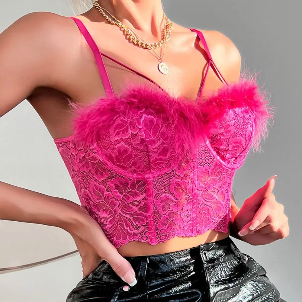 Canotta in pizzo elastico con nappe in peluche, top corto trasparente in rete, gilet con bretelle senza maniche slim fit da donna