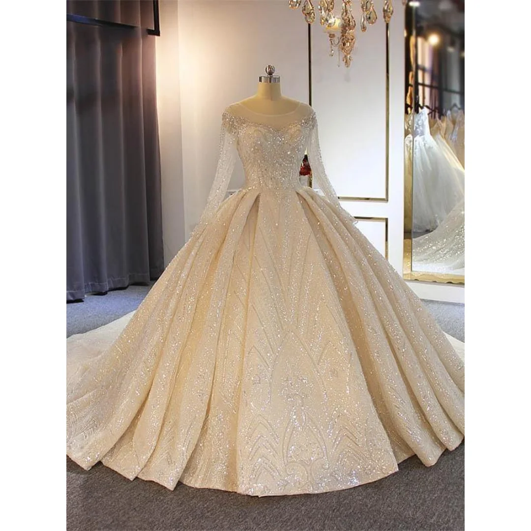 

Custom Champagne Colored Large Skirt Wedding Dress Long Sleeved Round Neck Satin Pearl Embroidery Sequin Lace Vestido De Novia