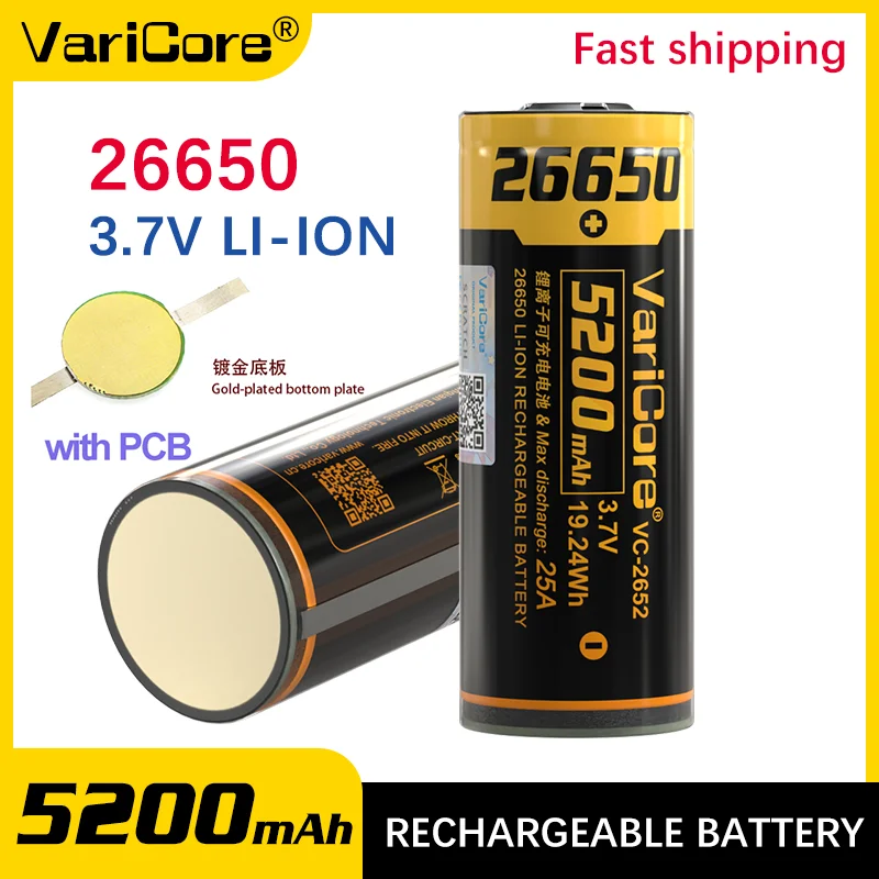 

VariCore VC-2652 26650 8A литиевая аккумуляторная батарея 26650A 3,7 В 5200 мА подходит для фонарика (защита печатной платы)