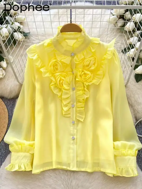

Новая элегантная женская блузка в корейском стиле с объемными розами и оборками, универсальная повседневная рубашка, коллекция Весна 2026
