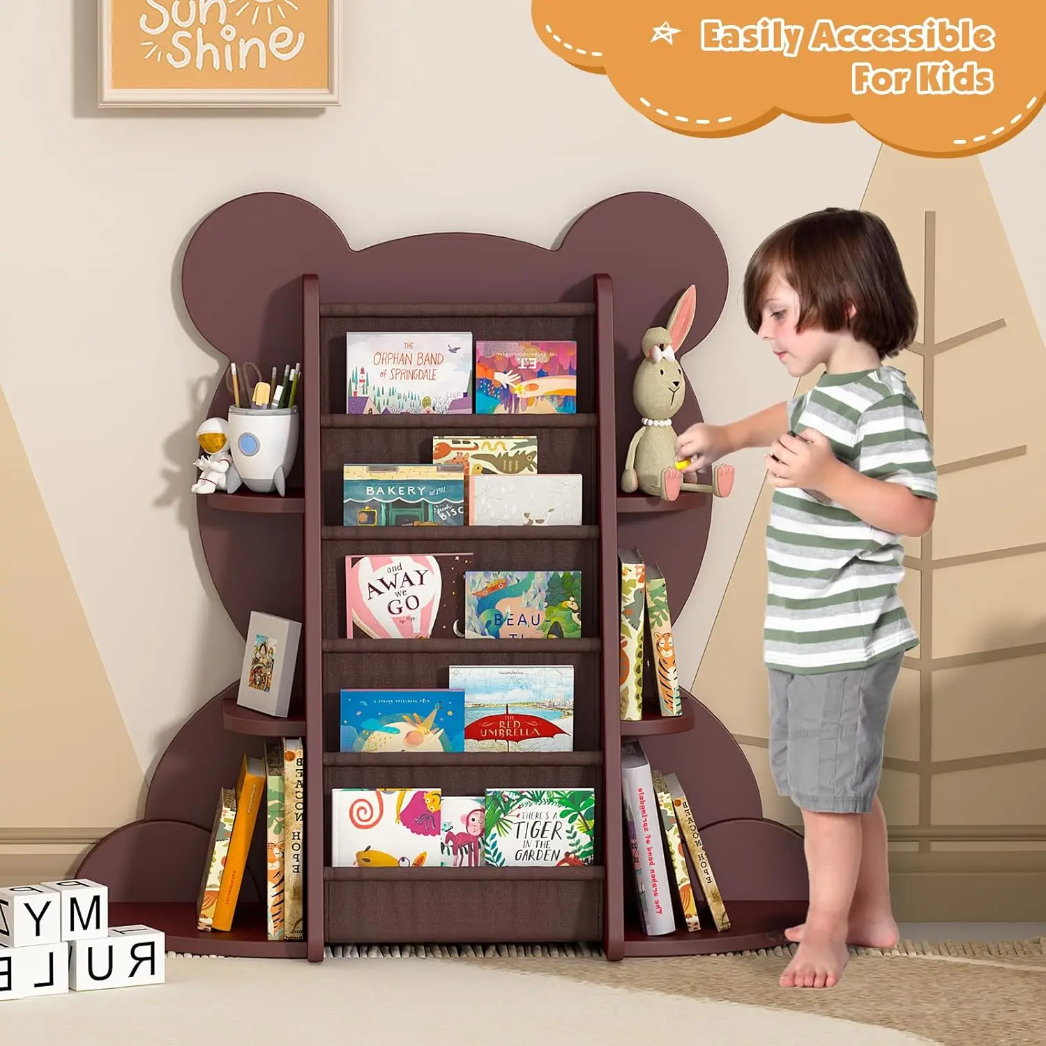 Brown Bear Kids Bookshelf Sling Toddler Bookcase 5-Tier Montessori Baby Book Rack Children Toy Storage Organizer Wood Display