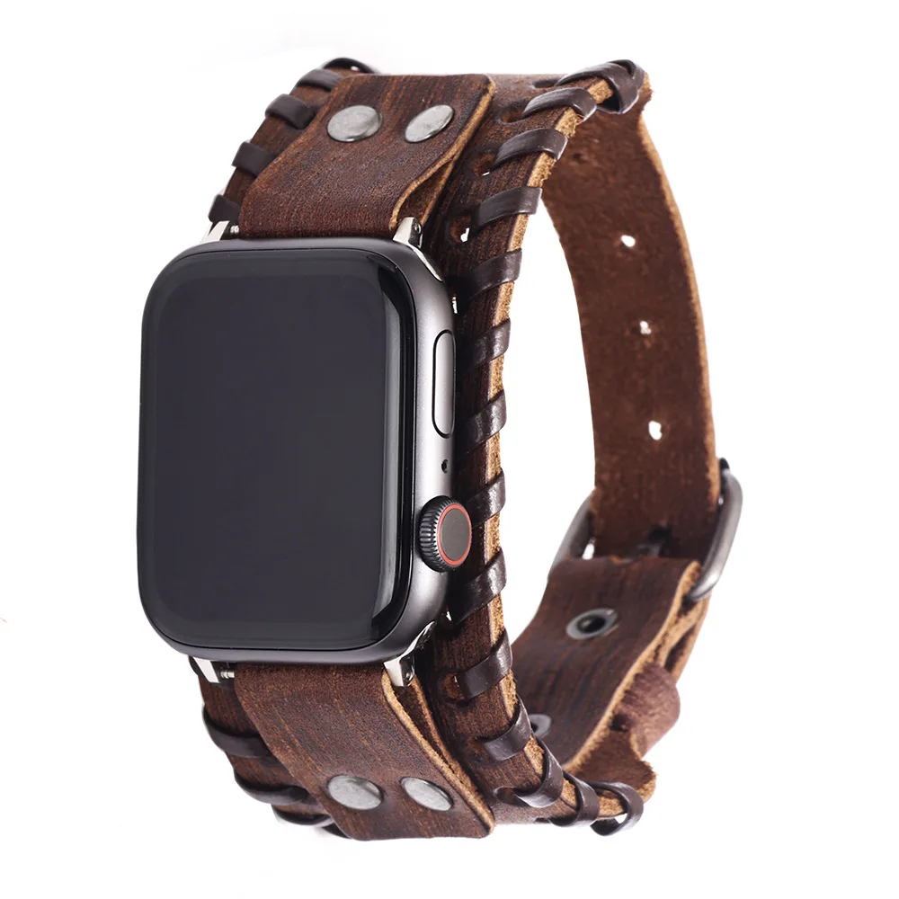 NEW Punk Cuff Woven Bracelet Belt For Apple Watch Band 40mm 44mm 41mm 45mm 49mm Real Leather iWatch Strap 3 4 5 6 7 8 SE Ultra