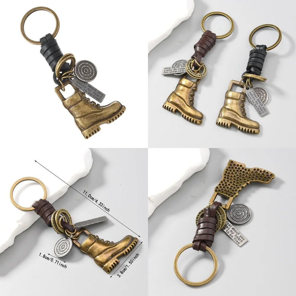 Vintage Alloy Boot Keychain for Car Accessories for Women Men Creative Handwoven Genuine Leather Key Ring Luxury Personalized