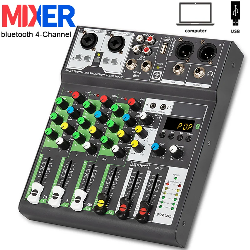 

Professional 4 Channel Audio Mixer Sound Mixing Console Bluetooth-compatible Mixer Good Sensitivity USB DJ Mixer Board