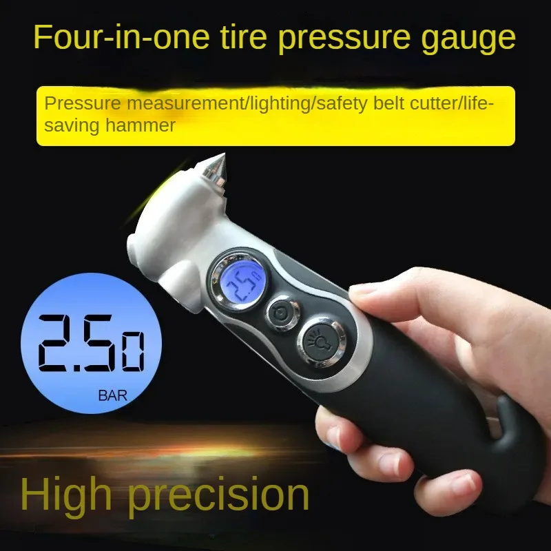 Car Tire Pressure Gauge Display Multifunctional Life-saving Safety Hammer High-precision Tire Pressure Gauge LED Display