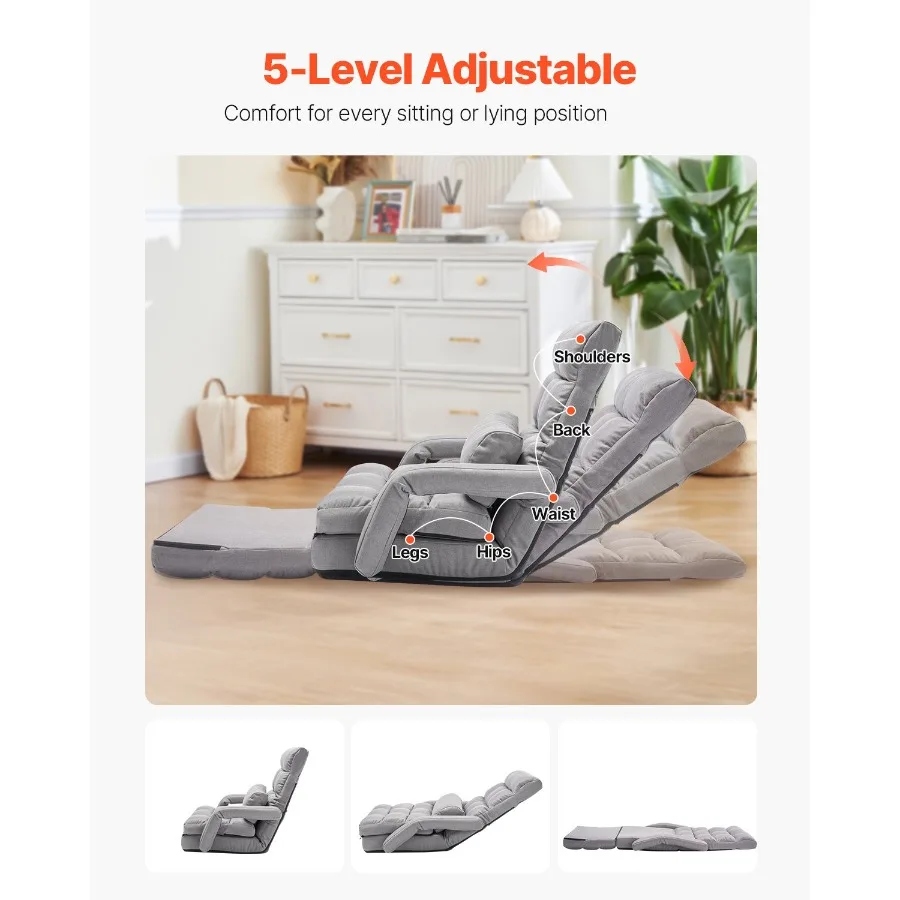 Floor Chair, Floor Gaming Chair With 5 Adjustable Position And Back Support, Folding Sofa Chair With Armrest For Adults, Sofa L