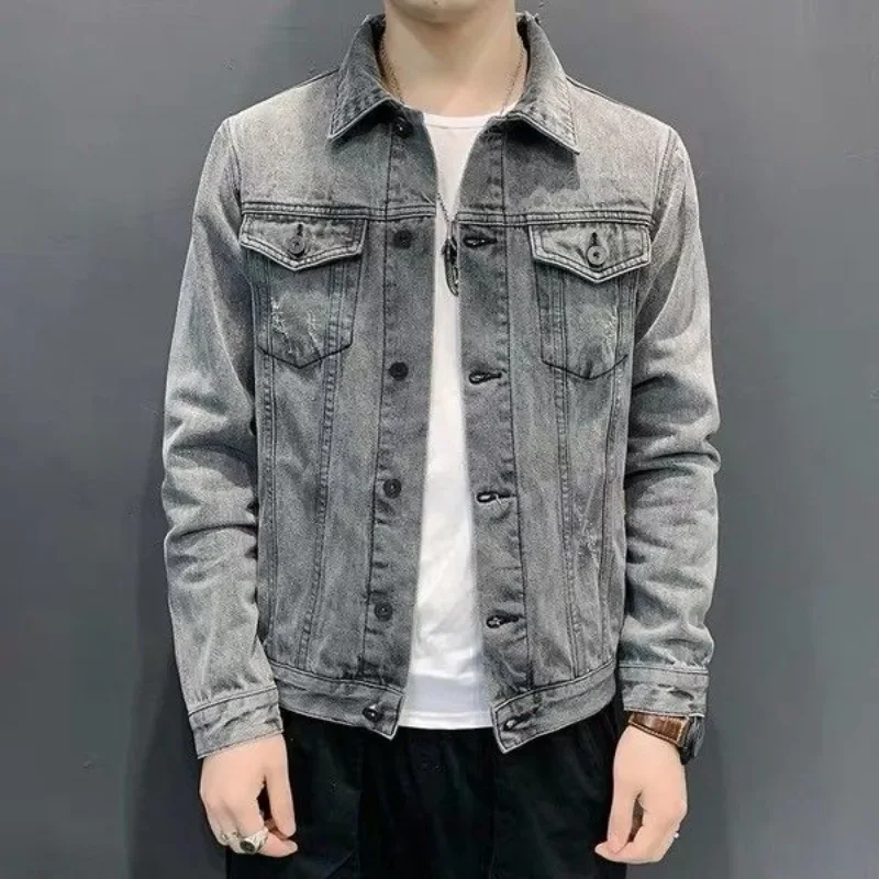 Light Denim Jackets Man Button Washed New In Low Cost Outwear Winter Cowboy Coat for Men Outerwear Fast Delvery Joker Original