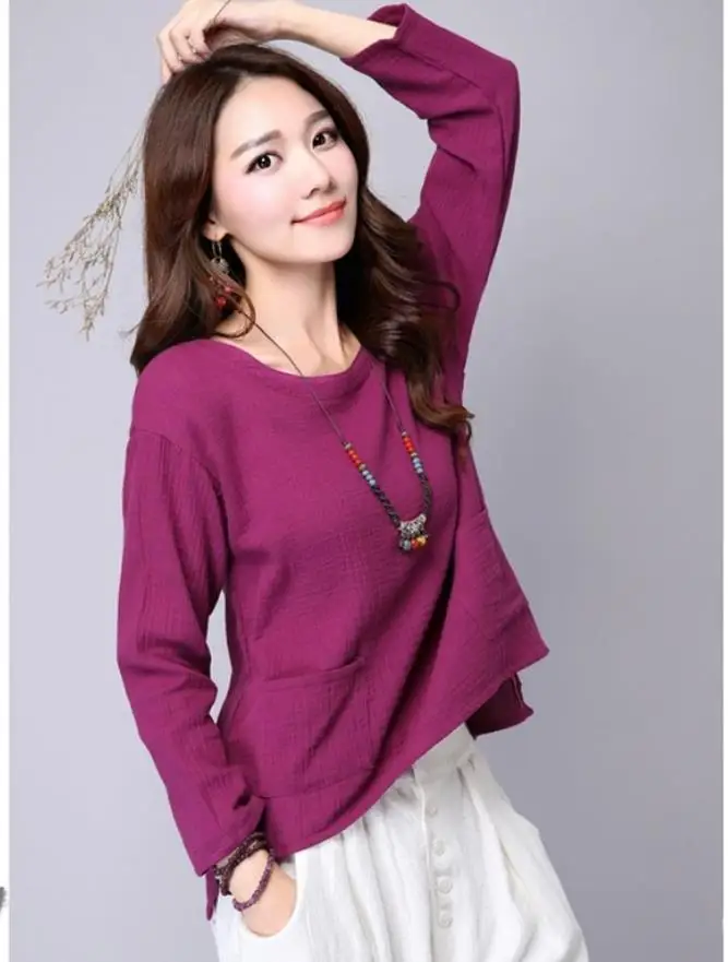 Blusa de lino y algodón informal de primavera, talla grande, estilo vintage, con bolsillo, elegante, para mujer, tallas 5XL y 6XL, tops en oferta.