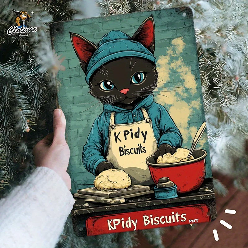 Vintage Art Deco Black Cat Baking Theme Iron Metal Wall Sign  - Cute Kitchen Decor, Holiday Gift for Christmas, Birthday, Thanks
