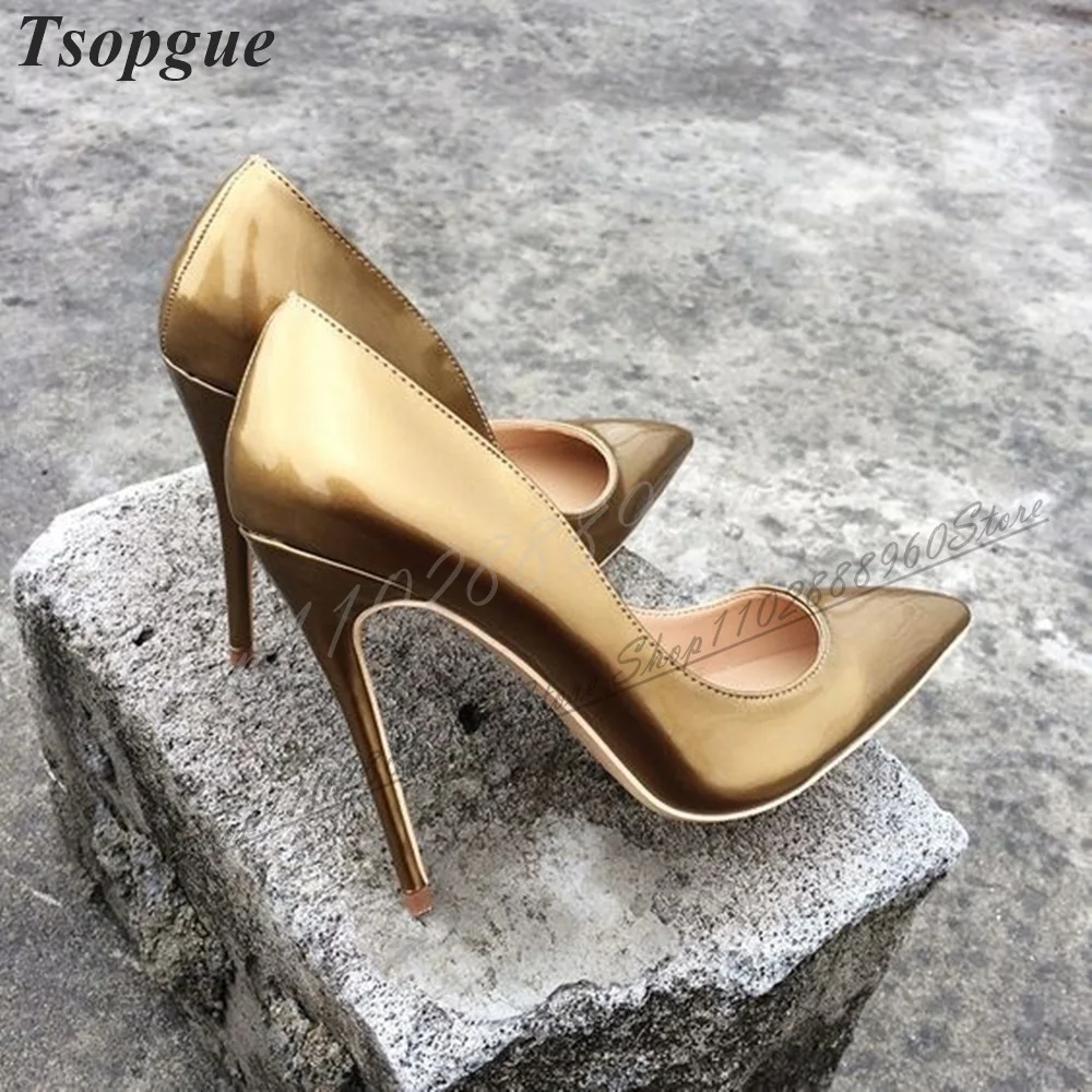 

Bronze Metallic Leather Luxury Pumps Thin High Heel Shoes For Women Slip On Pointed Toe 2024 Fashionable Zapatos Para Mujere