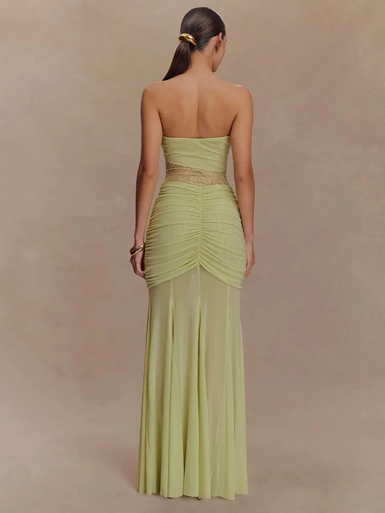 Articat elegante senza spalline in pizzo patchwork doppio strato stretto abito lungo donna sexy backless sheer party club aderente abiti2025