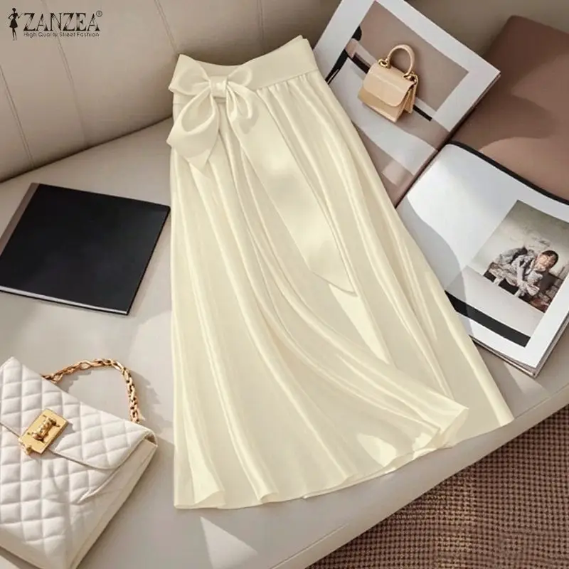 ZANZEA Elegant Fashion Satin Skirts Women High Waist Bow Bottoms Casual Solid Elastic Waist Ladies Party Jupes Faldas Saia OL