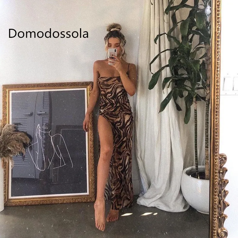 

Summer Women Long Skirt Suspenders Oblique Collar Street Style Sexy Slit Elastic Slim Tiger Pattern Party Dress Female 2023 New