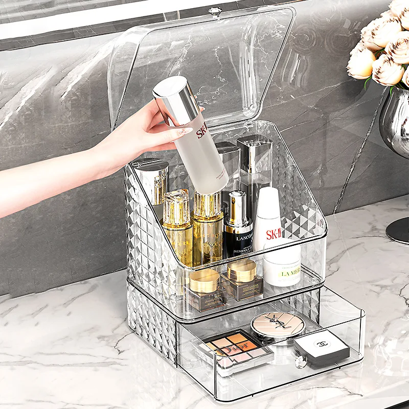 Dustproof Home Desktop Cosmetic Storage Box Makeup Organizer Shelf for Bathroom Vanity Countertop Skin Care Products Holder