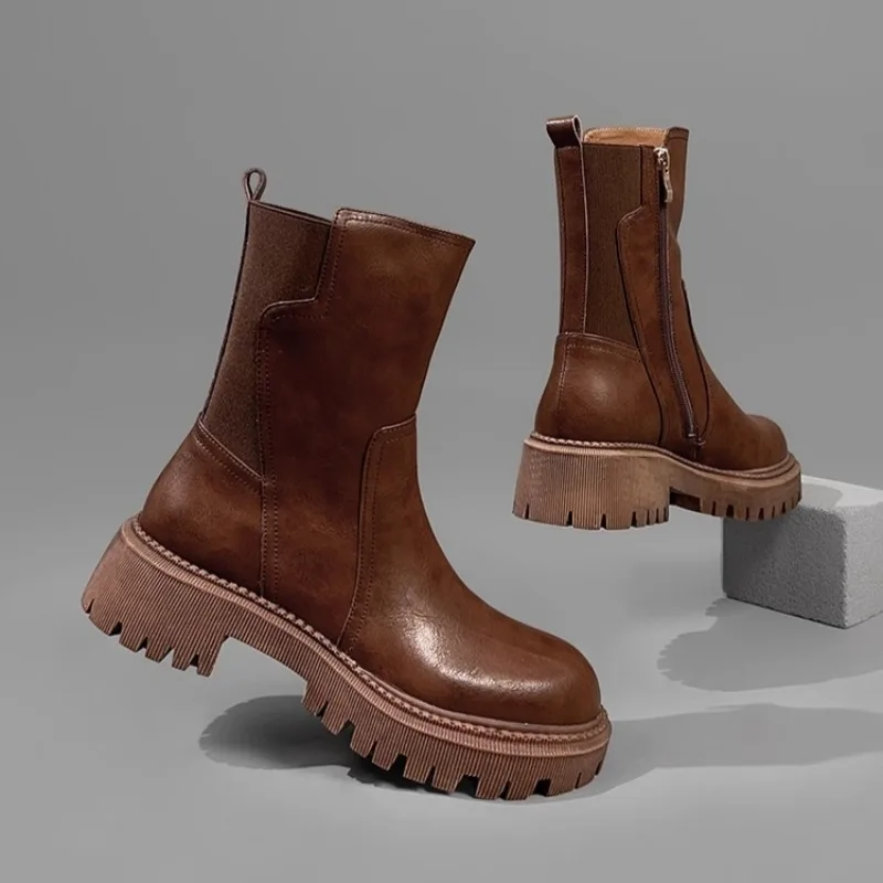 

Британские итальянские ботильоны «Челси» из воловьей кожи до середины икры на толстой подошве, женские мотоциклетные ботинки для езды на дымоходе, женские ботинки из натуральной кожи