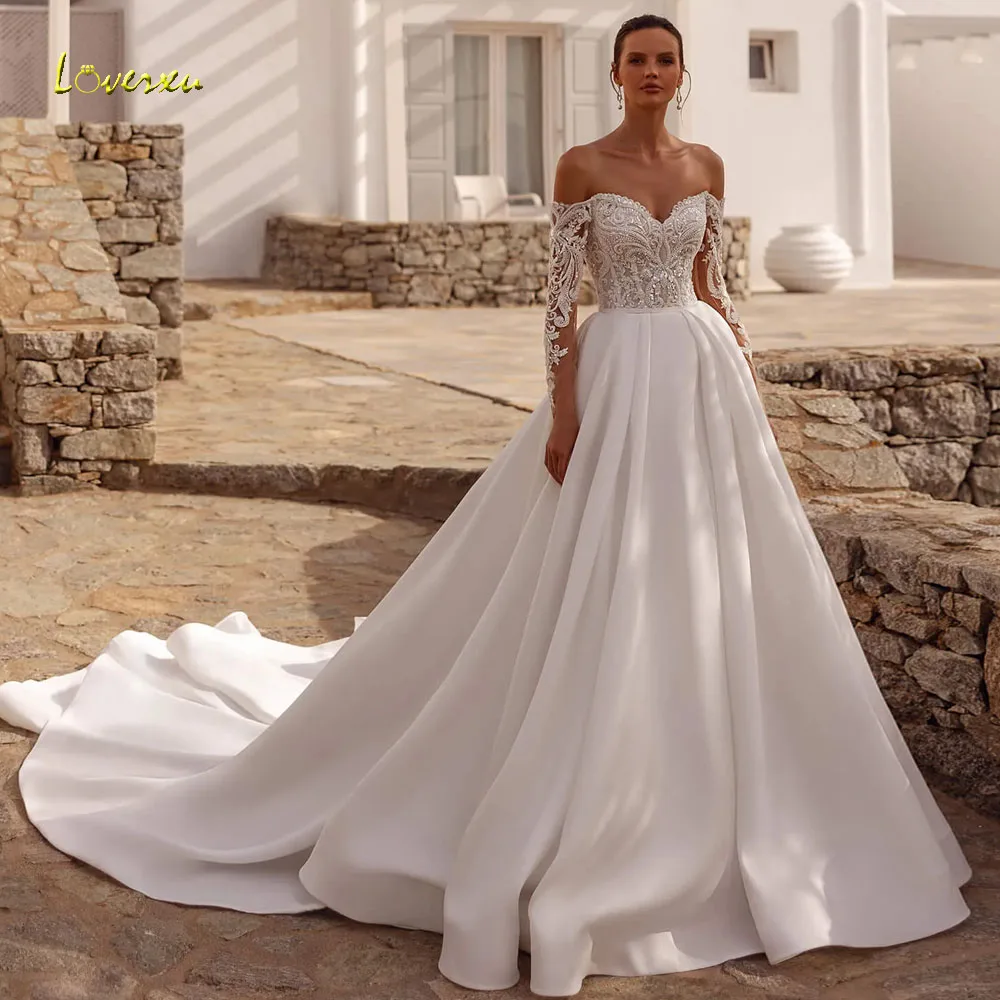 

Loverxu Нежные свадебные платья трапециевидной формы с открытыми плечами Vestido De Novia Кружевные аппликации Матовое атласное свадебное платье на заказ