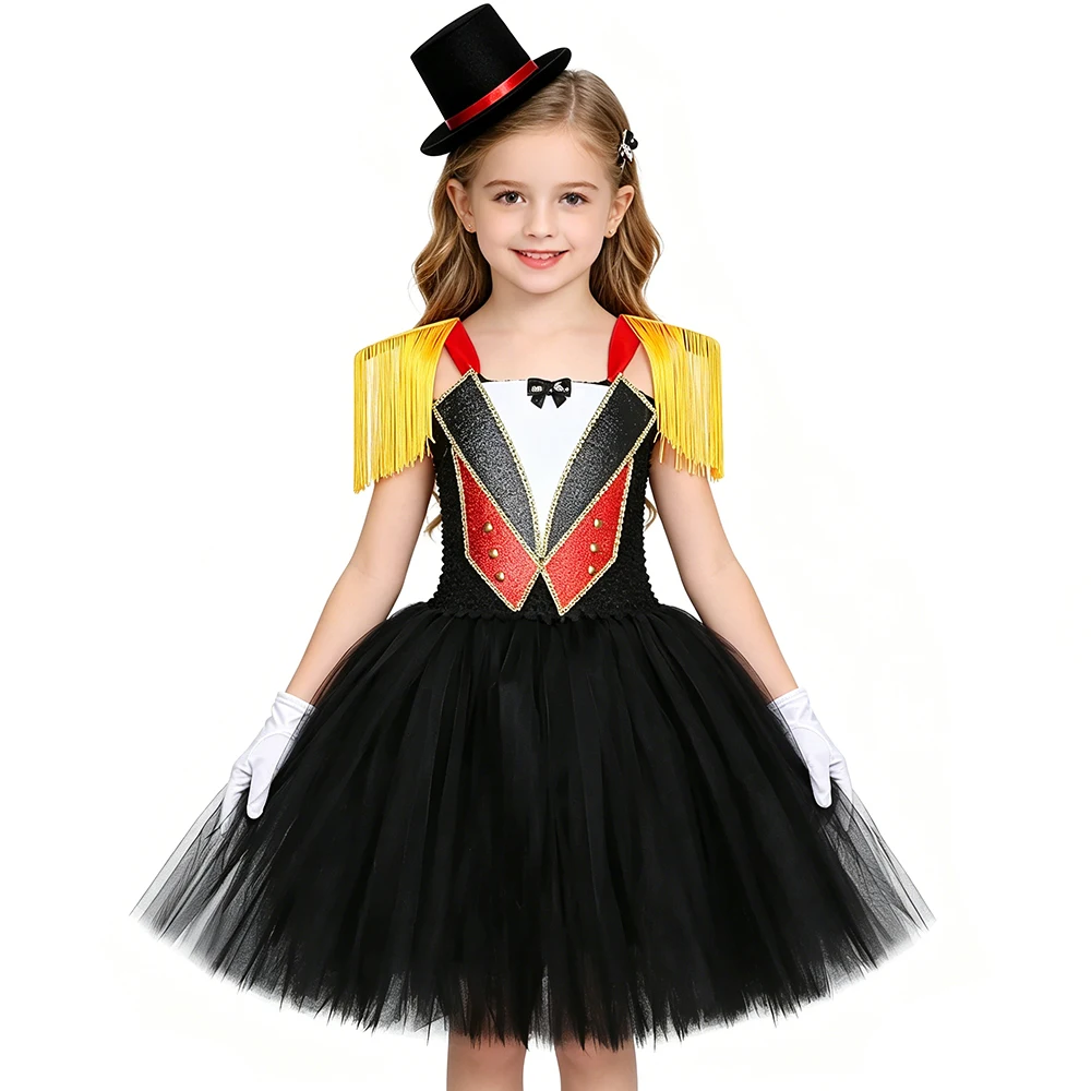 Circus Ringmaster Costume Girls Black Tassel Epaulet Greatest Showman Tutu Dress Kids Halloween Carnival Party Dress Up Clothes