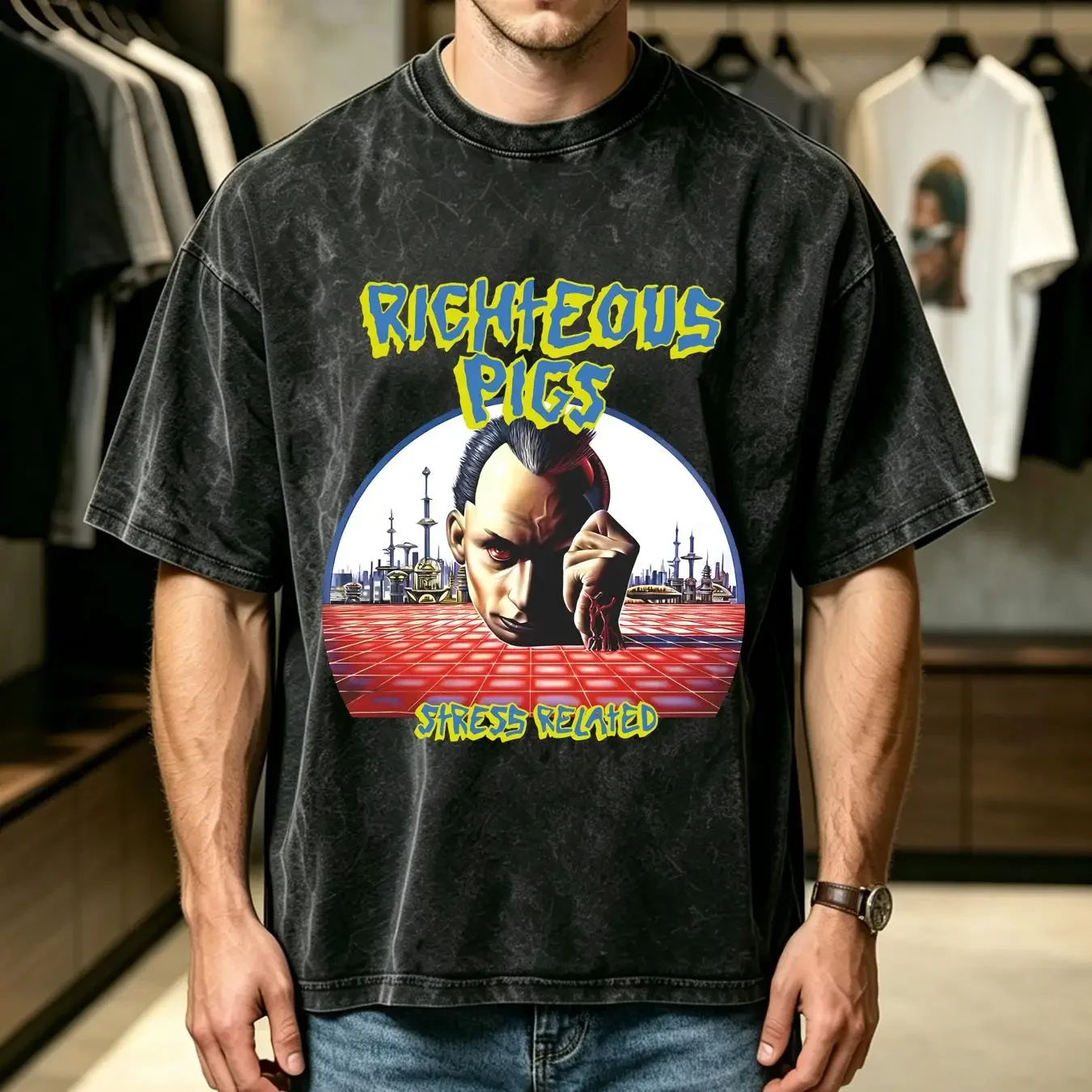 washed T Shirt righteous pigs stress related vintage Washed streetwear Breathable Stretched Versatile Stylish fashion Slightly