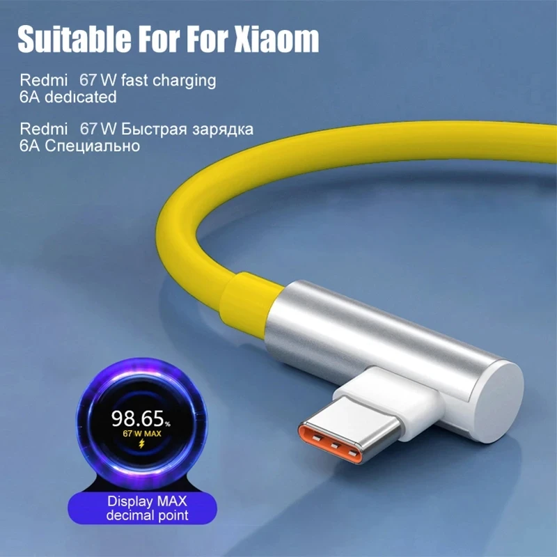 90 Degree Elbow 67W 120W Fast Charging Type C Cable For Xiaomi 13 14 15 Ultra Redmi Note 11 12 13 14 Pro POCO F6 F7 X5 X6 X7 Pro