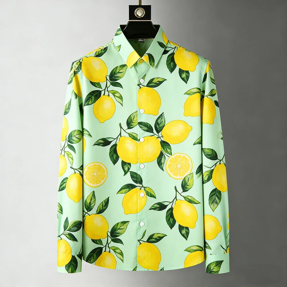 Men Light Green Lemon Fruit Leaf Print Long Sleeve Shirt Turn Down Collar Summer Vacation Beach Casual Daily Tops