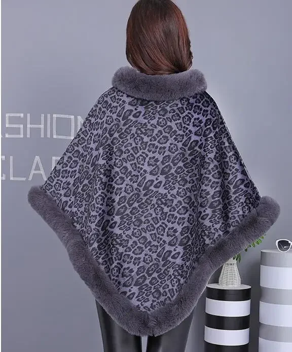 2024 Winter Warm O Neck Faux Kaninchen Fell Dicken Mantel Frauen Leopard Print Schal Capes Plüsch Poncho Plus Größe Samt Pullover mantel