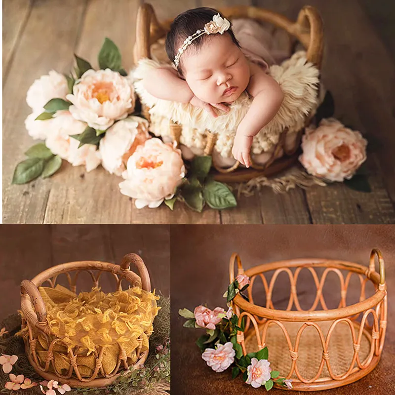 

Newborn Photography Accessories Round Vine Woven Basket Baby Photo Shoot Prop Baby Souvenirs Studio Fotografie Props