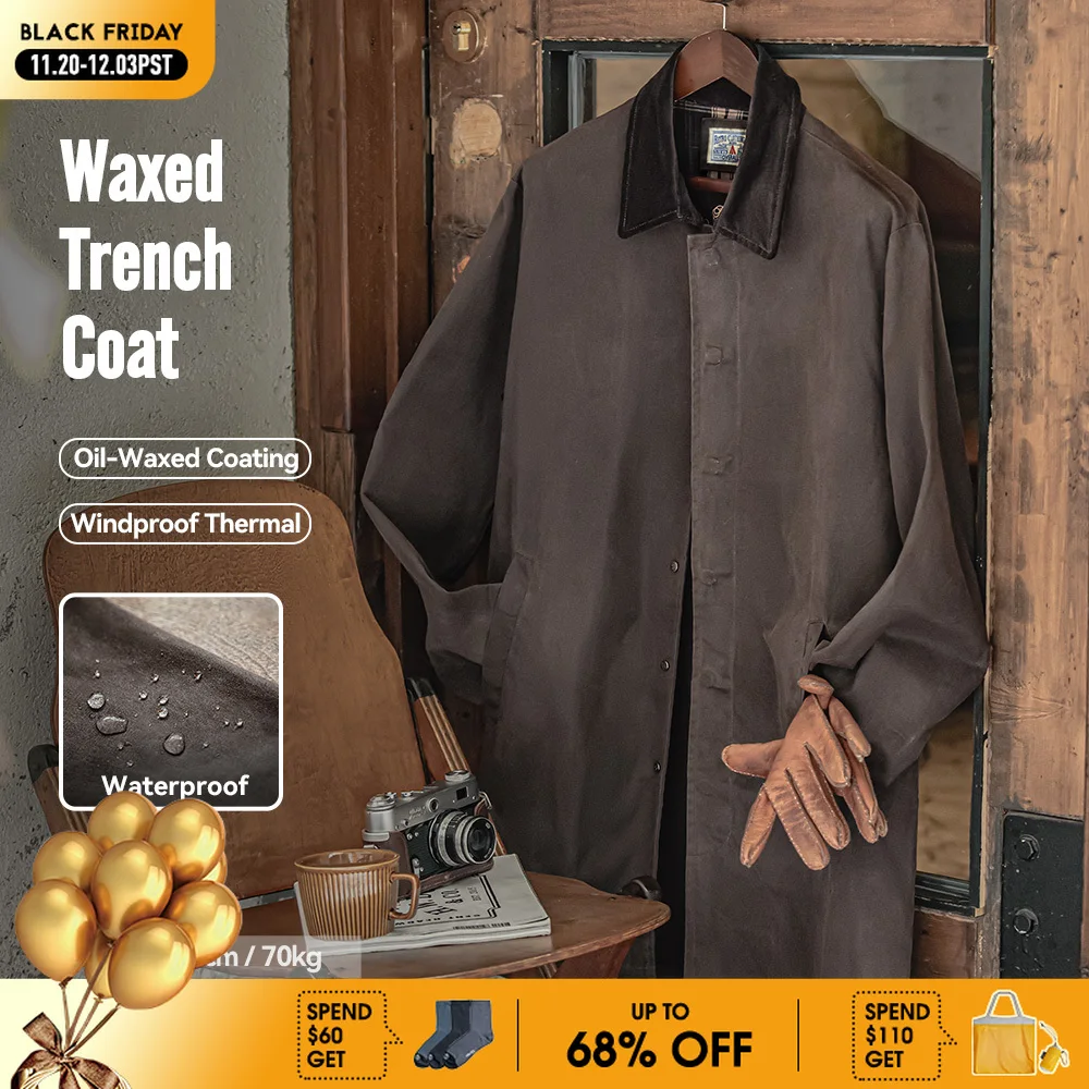 

Maden Men's Vintage Waxed Windbreaker Corduroy Turn-down Collar Mid-length Overcoat Windproof and Waterproof Trench Loose Jacket