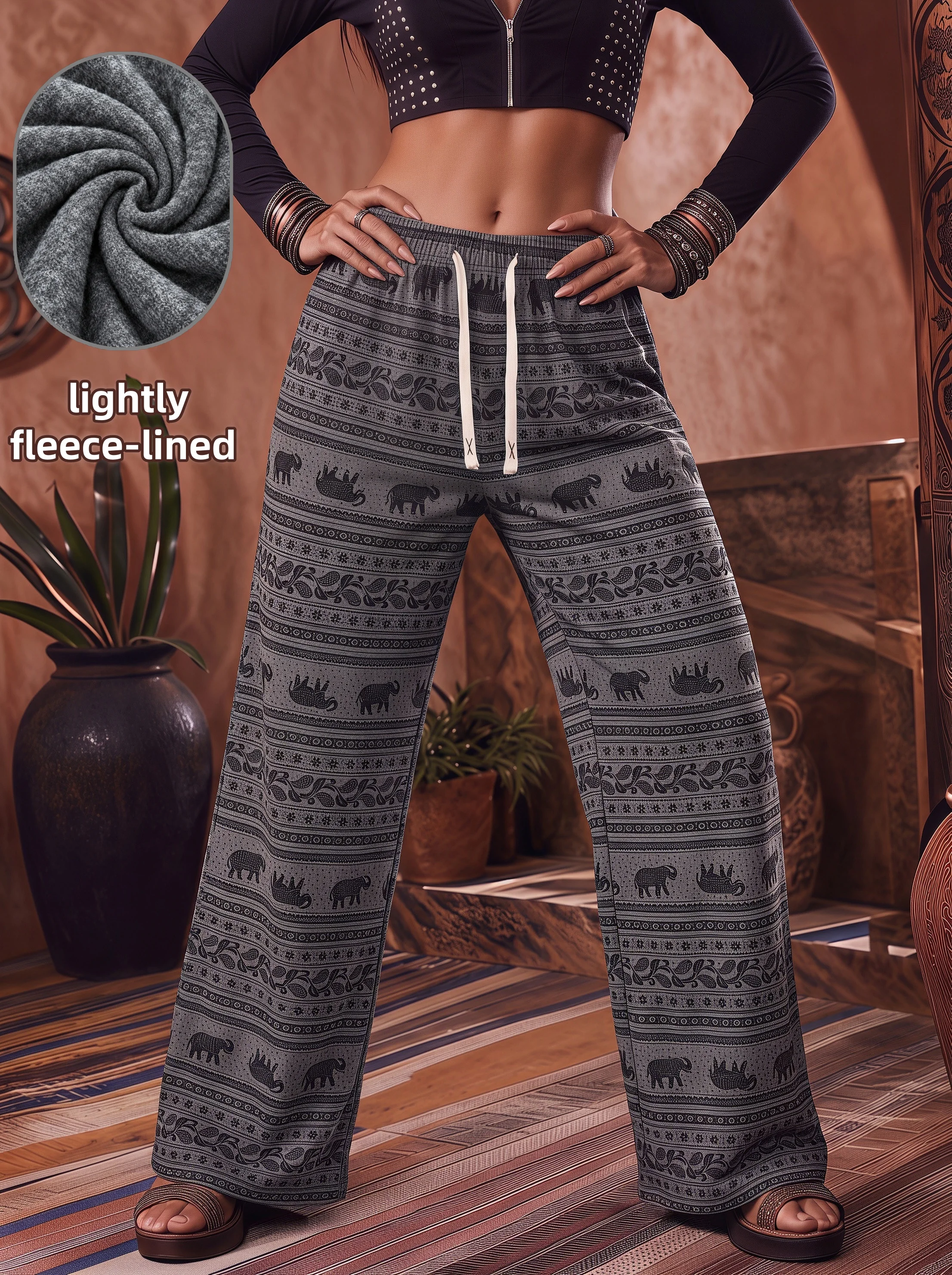 Women Vintage Elephant Totem Light Fleece Wide Leg Pants Drawstring High Waist Loose Exotic Casual Trousers for Vacation
