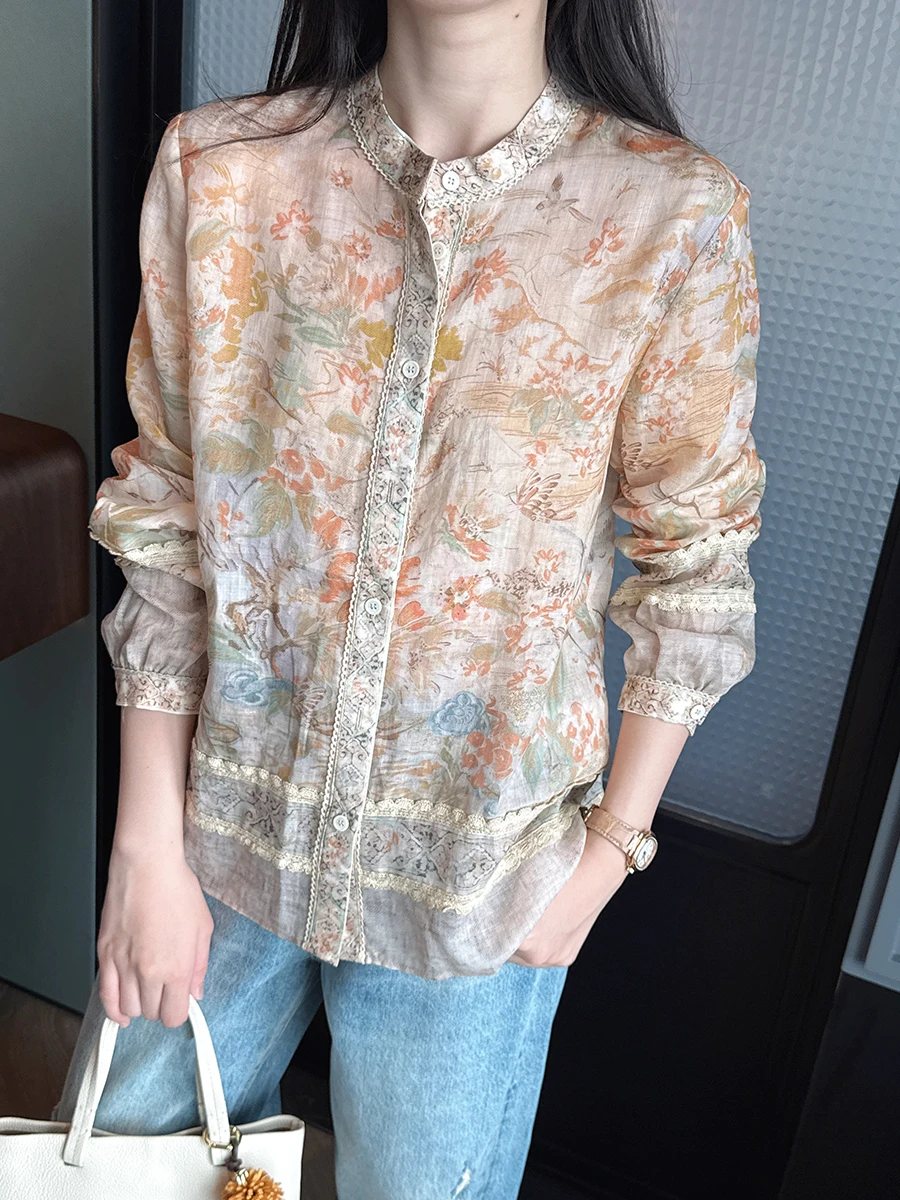 

Elegant Lace Floral Print Silk Shirt Women's Straight Cut Long Sleeve Breathable Skin-Friendly Holiday Orange Color