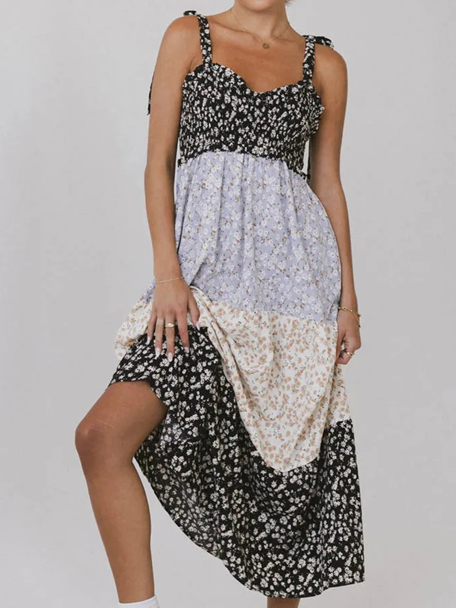 Nova moda feminina floral gravata ombro vestido com decote em v sem mangas aberto volta em camadas plissado vestido longo para festa diária viagem S-XL