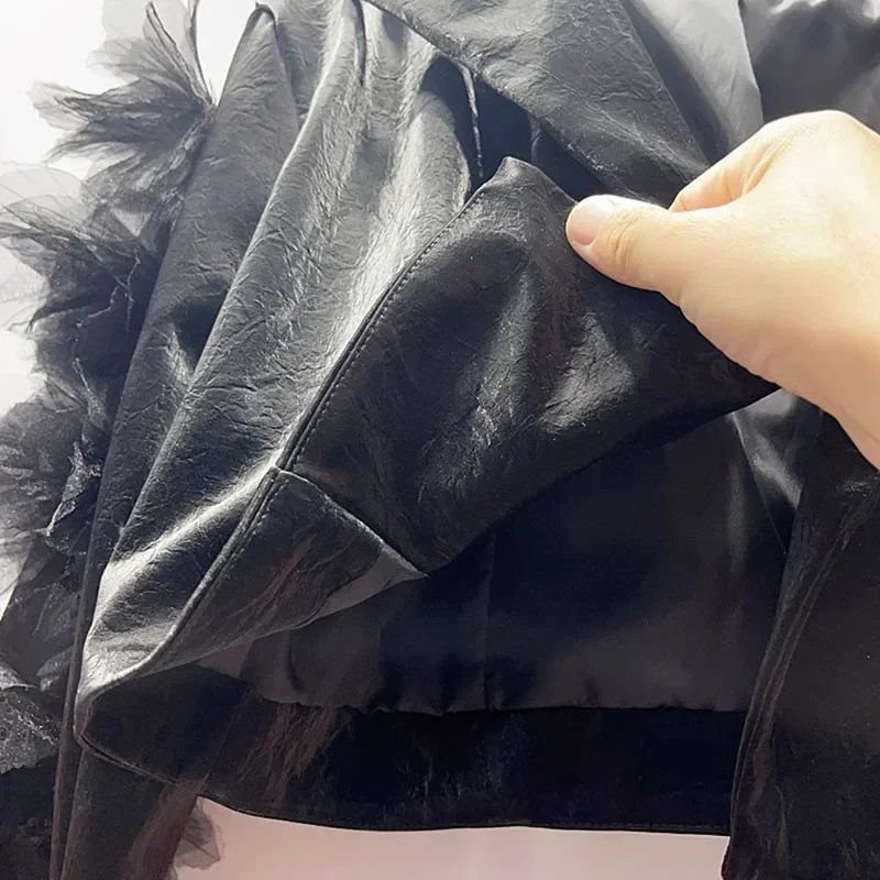 ربيع الخريف شبكة زهرة الديكور قصيرة فو بولي Leather سترة جلدية المرأة حقق طوق كم طويل أسود السائق سترة الشارع الشهير