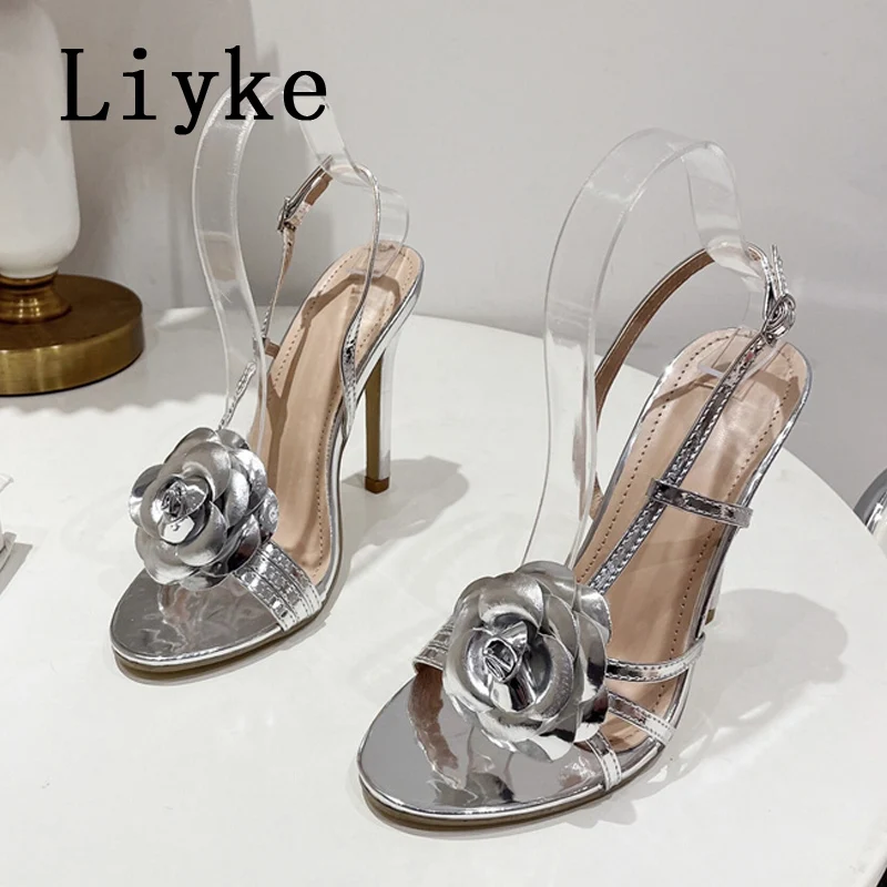 Liyke Fashion Design Patent Leather Flowers Open Toe Back Strap Sandal Women Silver High Heels Summer Party Prom Shoes Sandalias