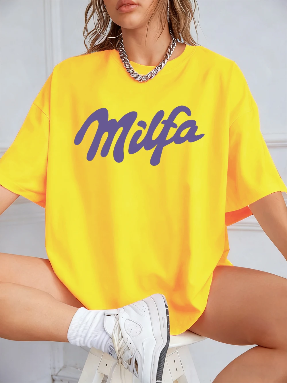 

Milfa Purple Art Letter Prints T-Shirts Womens Summer Cotton T Shirts O-Neck Soft Oversized Short Sleeve Tees Casual Woman Tops