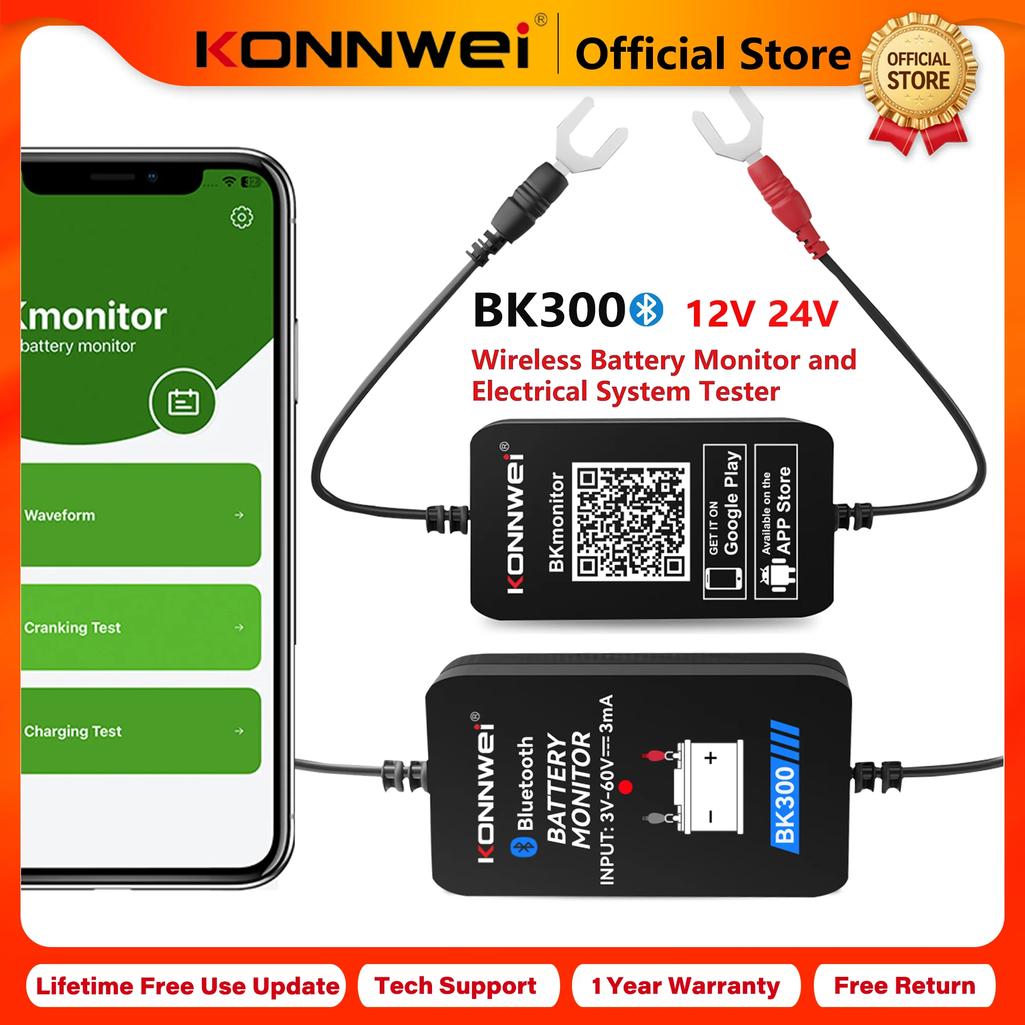 2026 KONNWEI BK300 Ferramenta de Monitoramento de Bateria Automotiva Bluetooth 6V/12V/24V com Aplicativo Móvel para Carros, RVs, Motos, Caminhões e Barcos