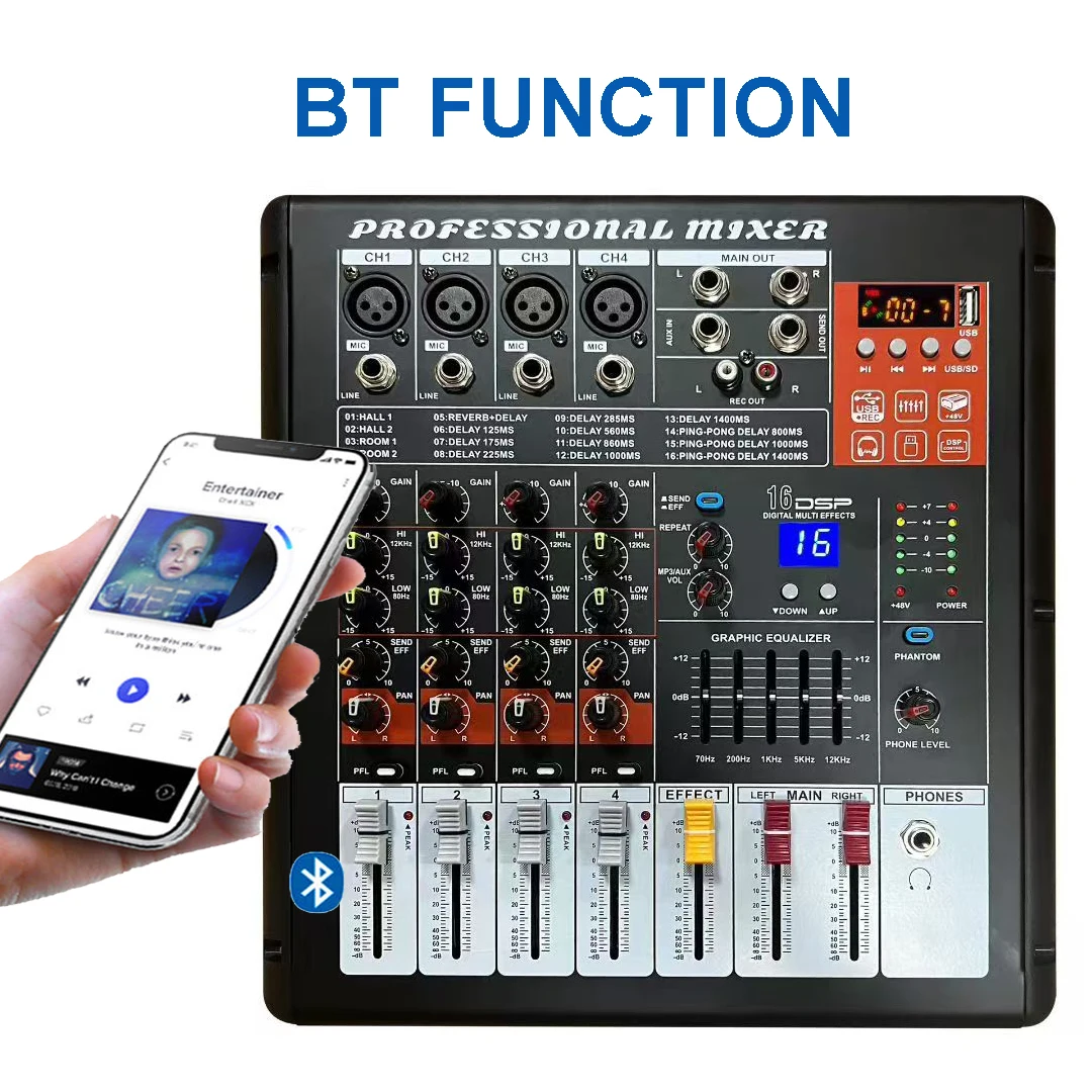 XTUGA MX-403 Professional Audio Mixer 2*250W 4 Channel Console with 16 DSP Effects USB Interface Video & Lighting