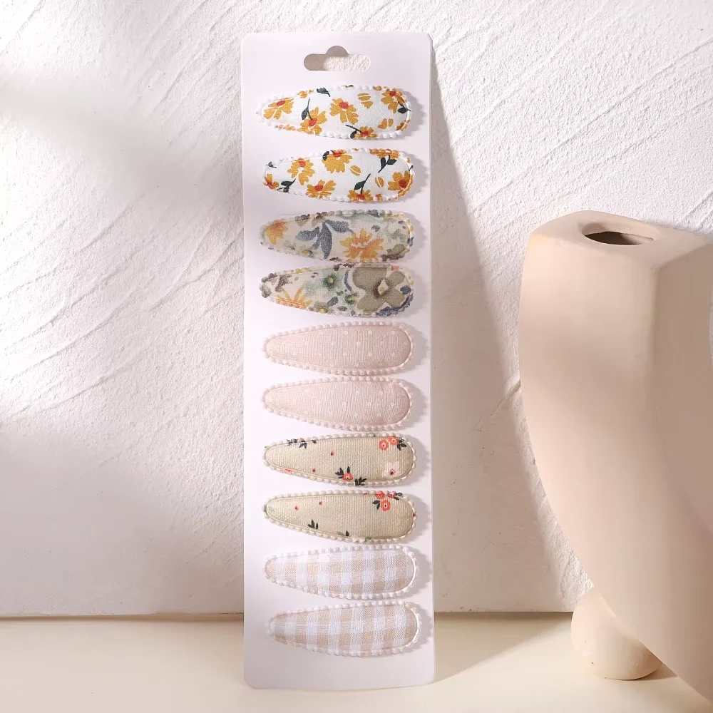 10 teile/los Neugeborenen drucken Baumwoll legierung Haars chleife Schnapp clips Set Stoff Plaid Haarnadeln Mädchen Kinder Kopf bedeckung Baby Haarschmuck – Detail 1