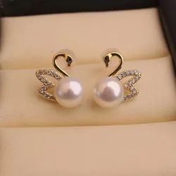 925 Silver Needle Hollow Crystal Swan Earrings For Women Korean Jewelry 2024 Trending New Luxury Animal Pearl Stud Earrings Gift