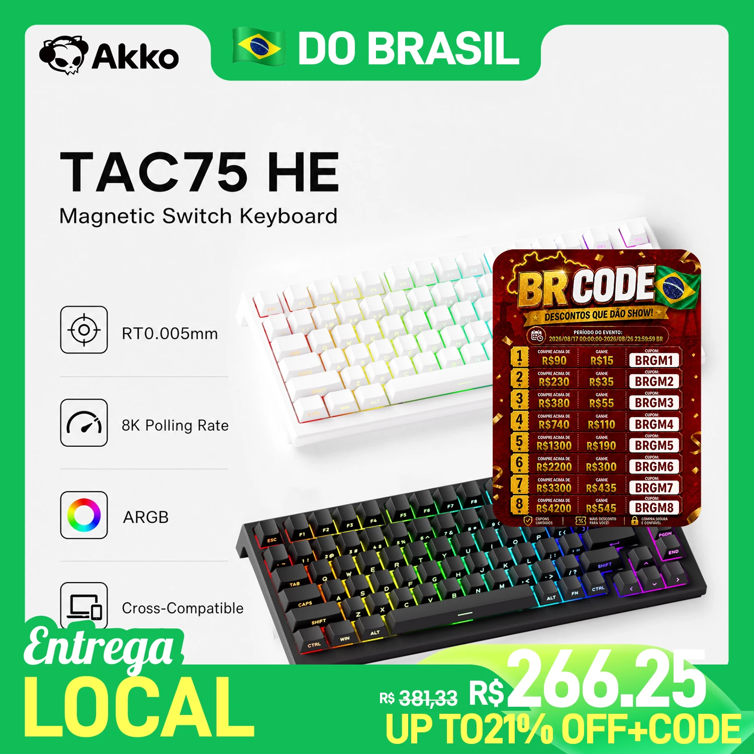 Teclado Gamer Akko TAC75 HE 75% Layout ANSI com Switches Magnéticos RT0.005mm Rapid Trigger, Taxa de Polling de 8K, Conexão USB Tipo-C com Fio