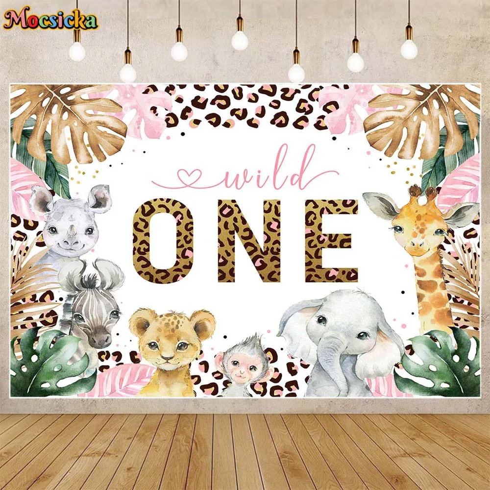 

Mocsicka Girl Wild One Birthday Backdrop Tropical Jungle Leaves Animals Baby 1st Birthday Party Decor Background Photocall Props