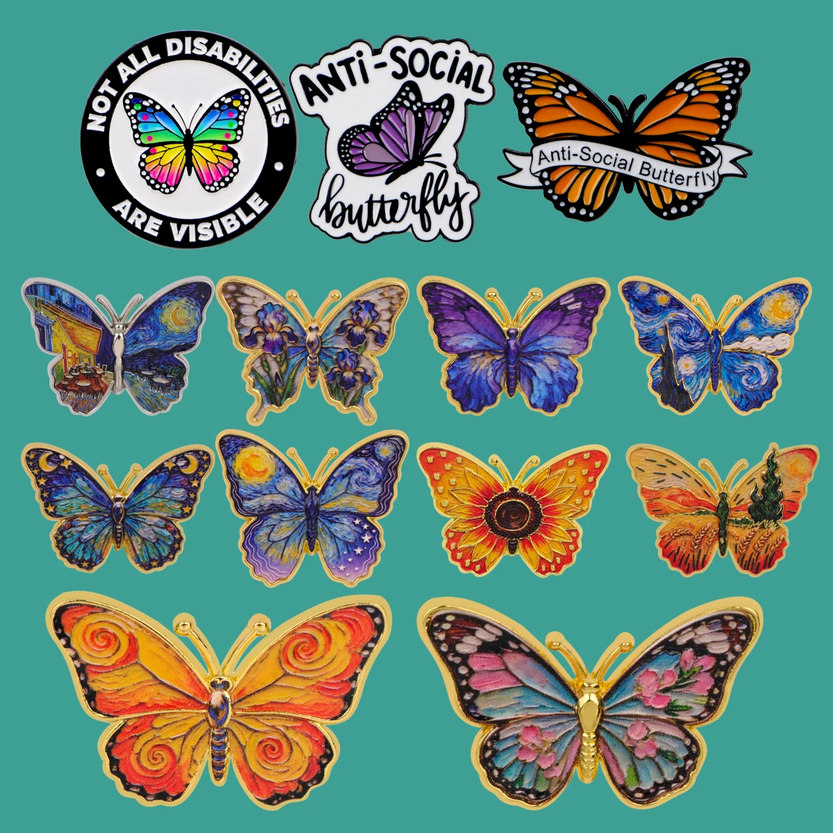 فان الغوه الفن اللوحة المينا دبوس التلبيب دبابيس لحقائب الظهر فراشة شارات لعوب بروش للملابس مجوهرات هدايا للأصدقاء