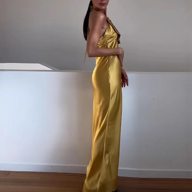 Fashion 3D Floral Bead Embroidered Gowns Sexy Halter Sleeveless Solid Satin Long Dress Elegant Hight Waist Draped Party Dresses