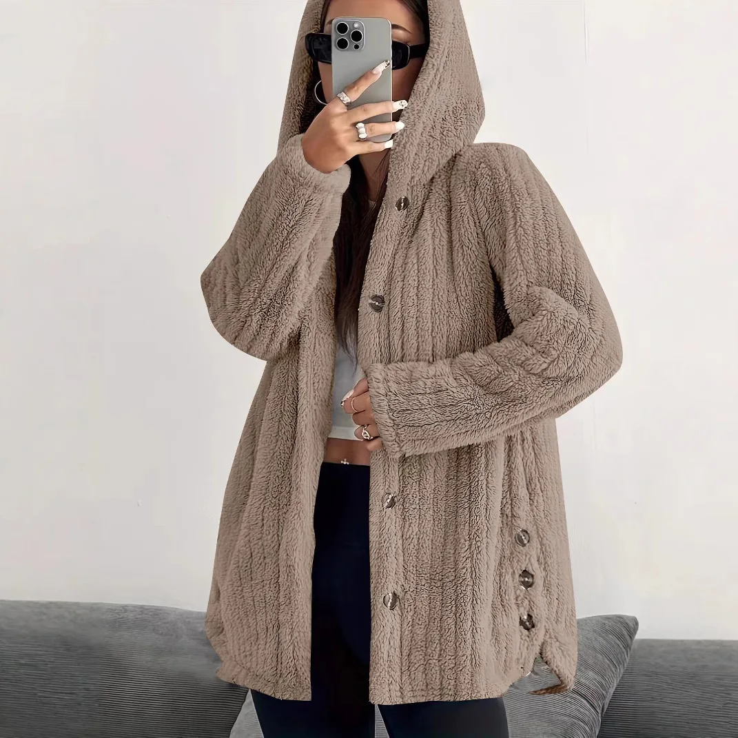 

new Button Plush Jacket Women Winter Warm Long Sleeve Single Breasted Hooded Solid Color Jacket casaco inverno feminino clothing