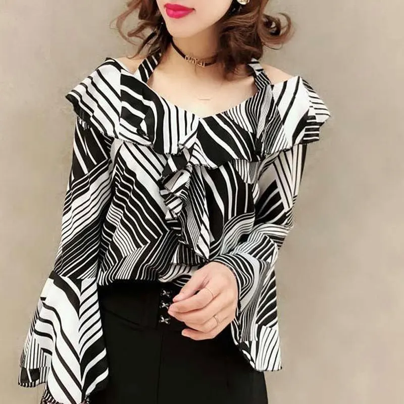 Office Lady Striped Printed Fashion Dot Shirt 2024 Spring Autumn Slash Neck Women's Clothing Off Shoulder Elegant Ruffles Blouse