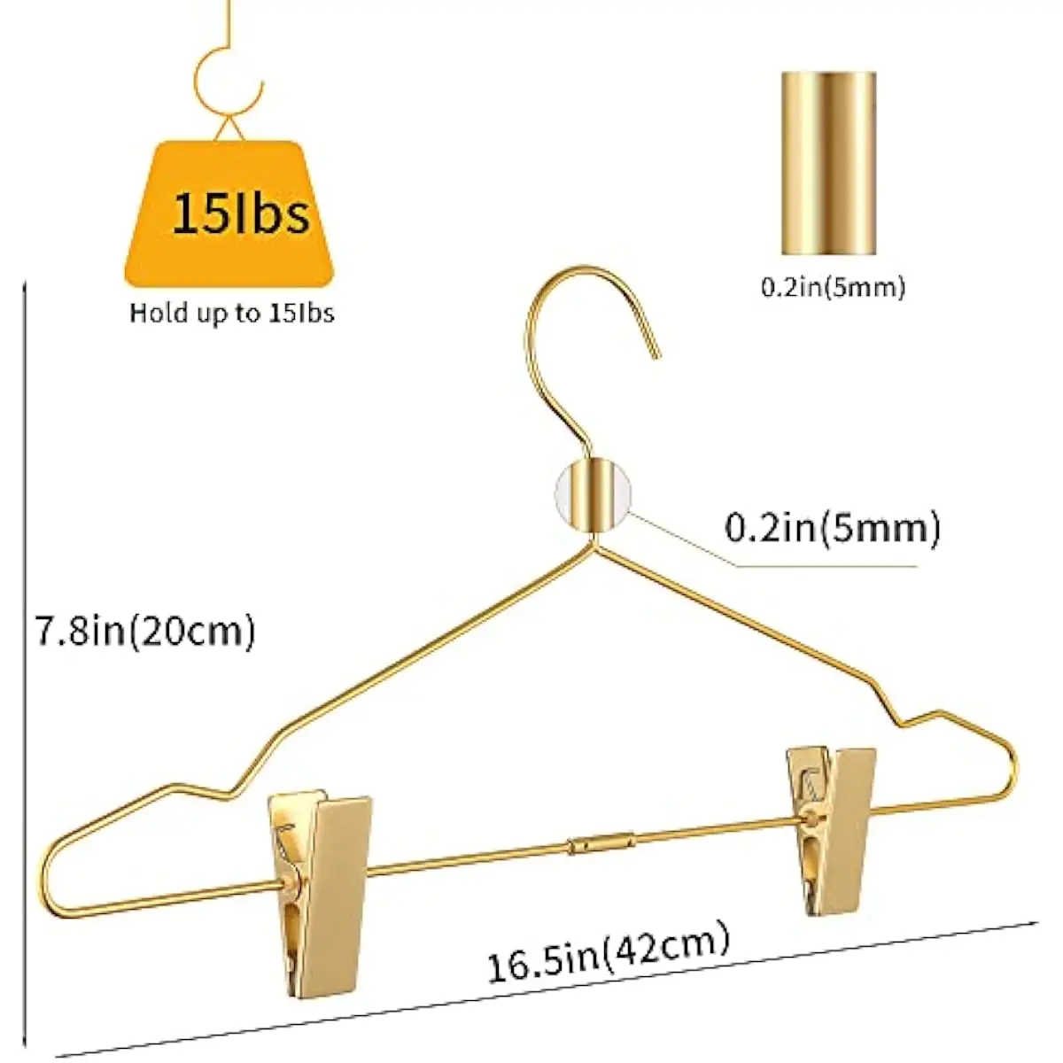 2pcs Clothes Hangers Metal Clips Hangers 16.5 Inch Rose Pants Wire Suit Coat Hanger for Storage & Display 2 Pcs（Golden）