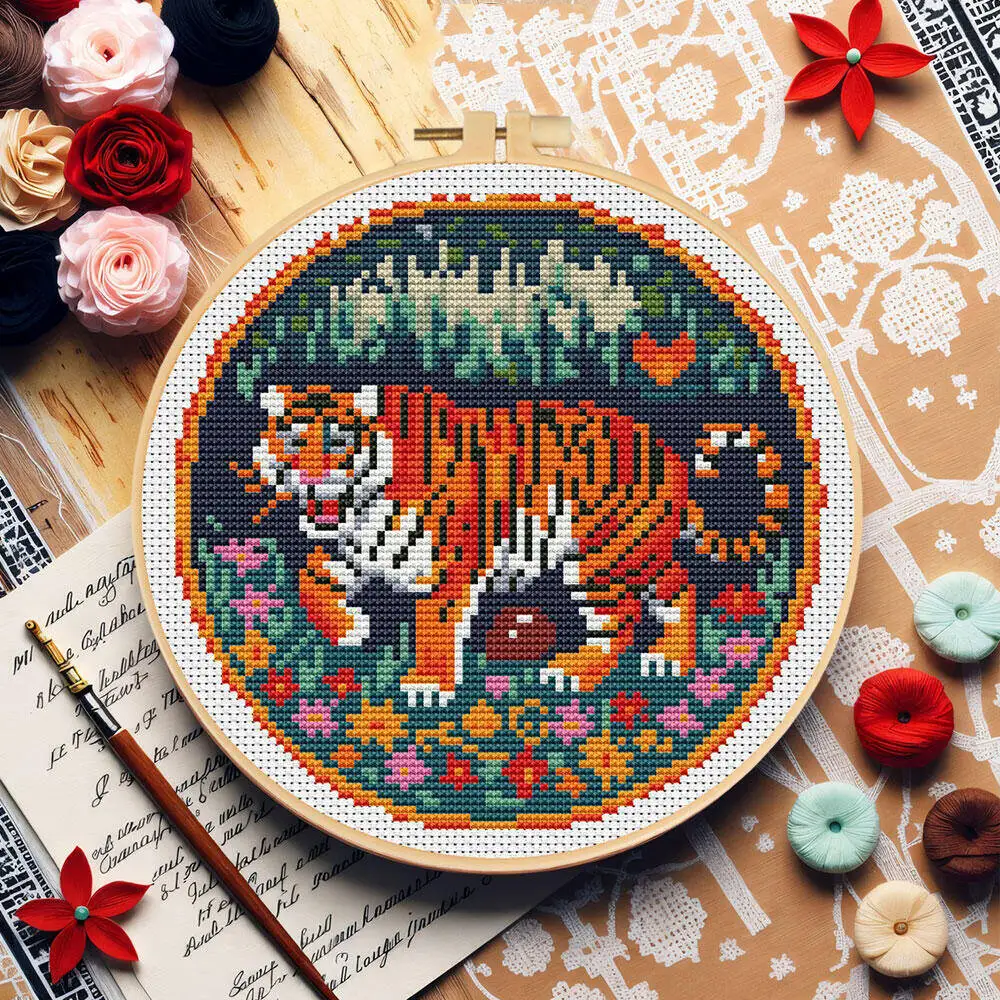 

HUACAN Тигр Вышивка DIY с обручем Новые инструменты Наборы для вышивки крестом Холст с принтом животных Декор для дома