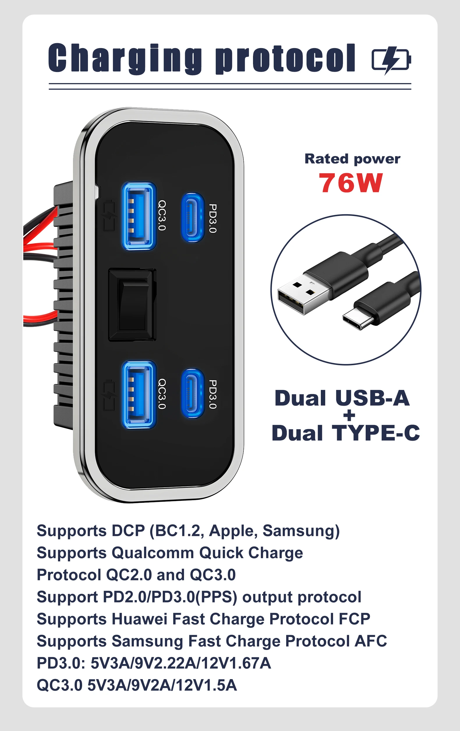 76 W Dual PD Dual QC3.0 Typ C USB Schnellladegerät 3.0 mit Schalter Schnellladung 4 Ports Power Panel für Bus ATV Auto LKW Marine – Detail 5
