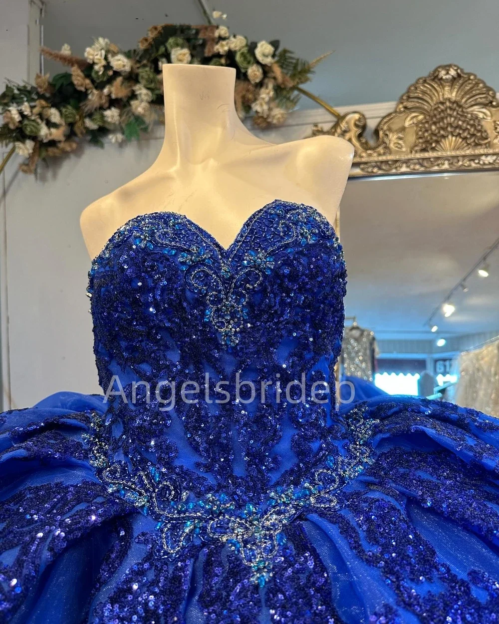 Angelsbride Royal Blue Quinnceanera Dress Ball Gown Glitter Sequins Beading Tiered Tulle Corset Sweet 16 Vestidos De 15 Anos