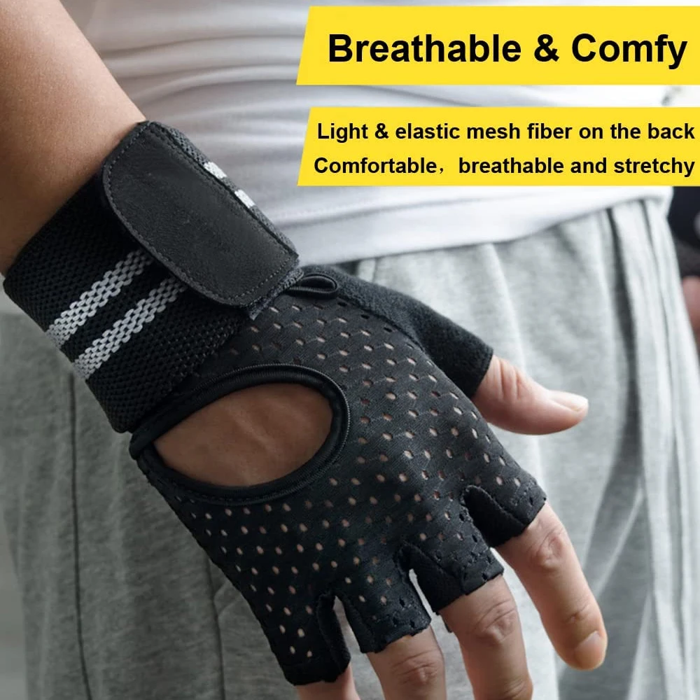 1Pair Workout Gloves with Wrist Wrap Support, Weight Lifting Gloves Anti-Slip Padded Palm Fingerless Exercise Glove Powerlifting